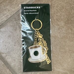 Starbucks Gold and White Coffee Cup Keychain